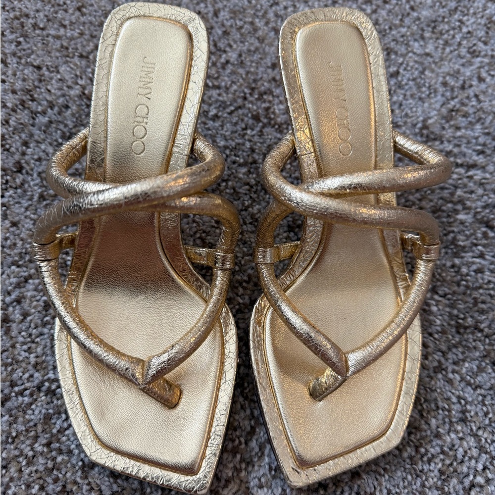 Jimmy Choo Gold Crackled Cape 70 Heeled Strappy Sandals 34 4 Like New - Picture 6 of 10